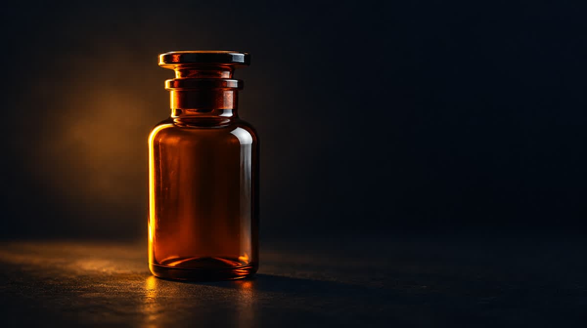 Amber apothecary vial lit from one side