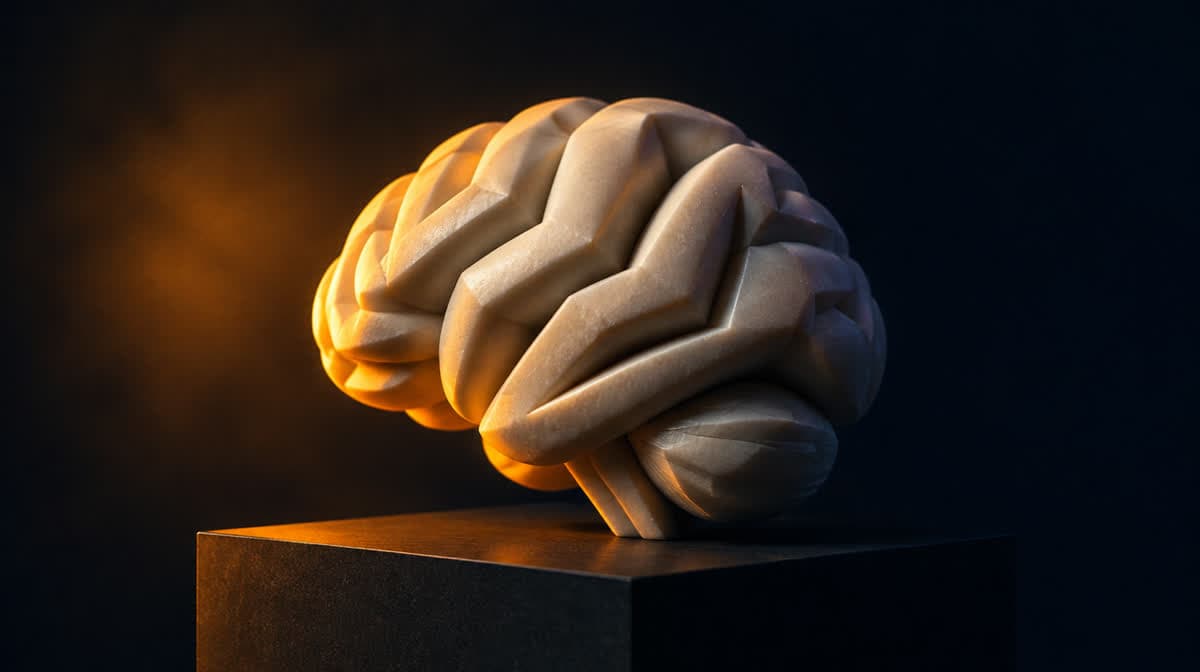 Carved alabaster study of a brain, lit from one side
