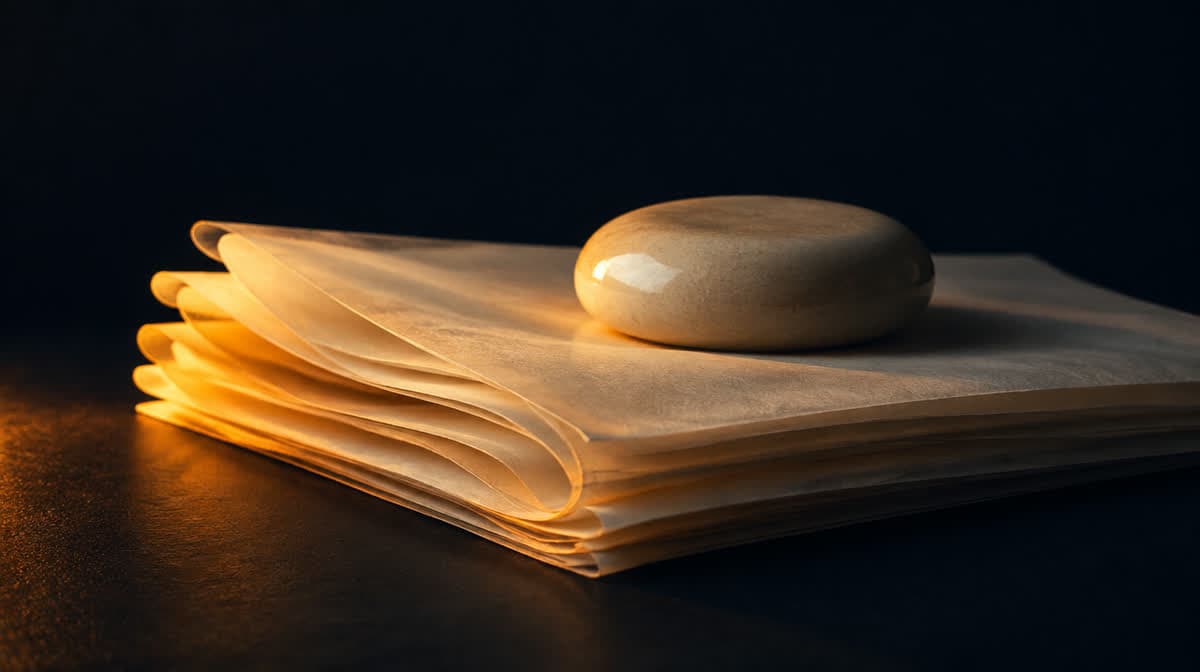 Stack of translucent vellum sheets under a ceramic weight