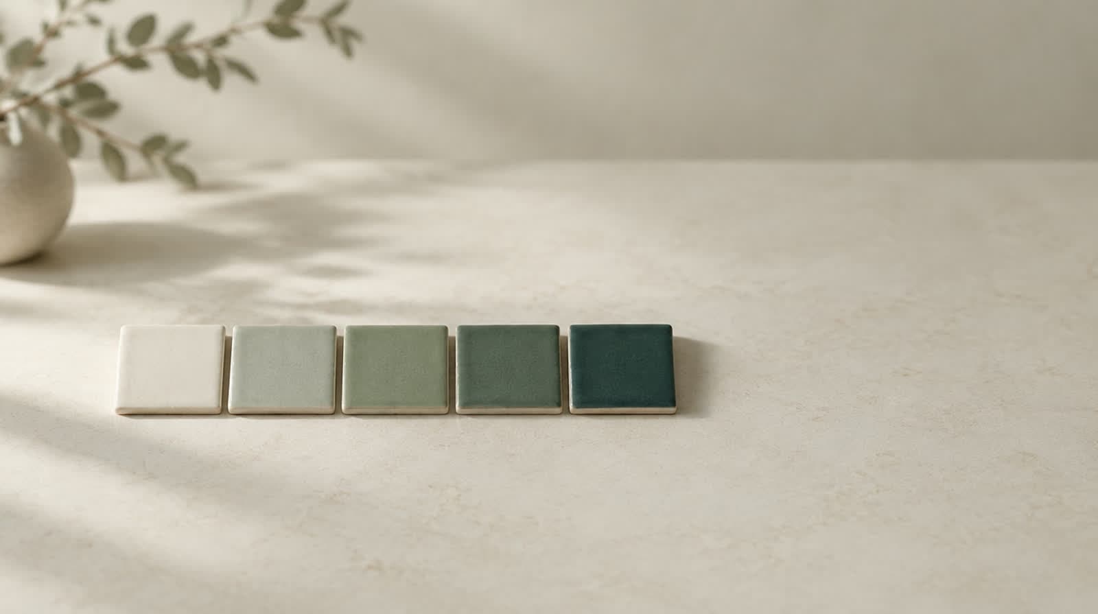 Five ceramic tiles stepping in tone from bone white to deep teal, like a calibration scale